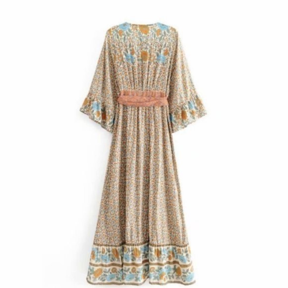 08 Boho Floral Print Button up Belted Kimono Dress - Picture 7 of 7